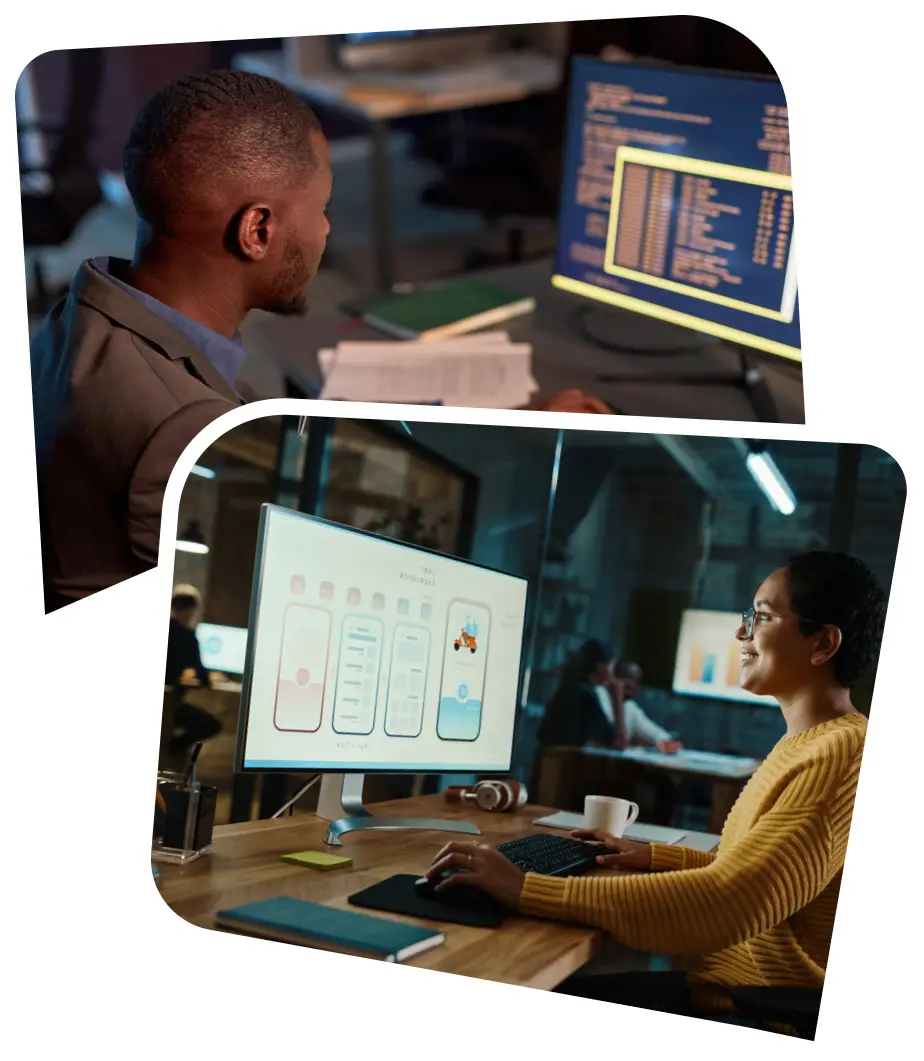 A man in an office works intently on coding at a computer. Below, a woman in a yellow sweater smiles while designing on a large monitor.